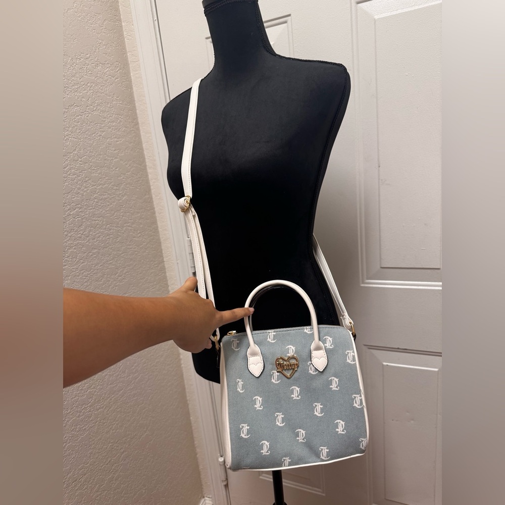 Juicy Couture Light Blue & White Monogram Crossbody Satchel with Gold Heart